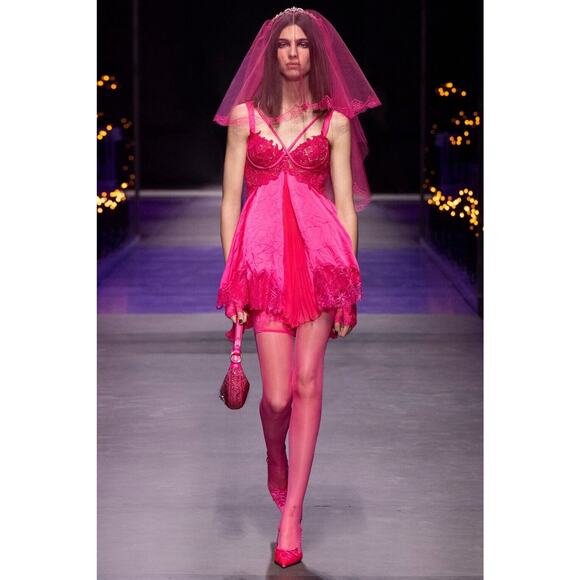NWT Versace Runway Mini Dress IT 42 US 6 Pink Lace Trim Satin Silk $7,650 - Picture 1 of 16